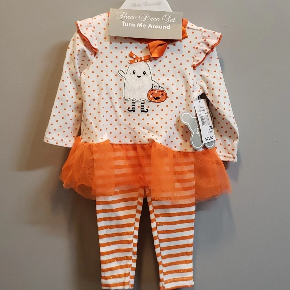Baby Essentials Cream and Orange Halloween Ghost Girls Matching Set